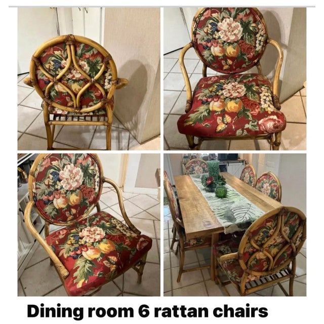 McGuire attributed round lattice rattan dining chairs. Natural bent rattan with quality rawhide bindings. These chairs...