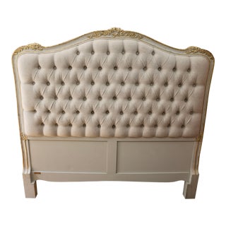 Eloquence Louis XV Style Lime Washed Oak Button Tufted Sophia Headboard For Sale