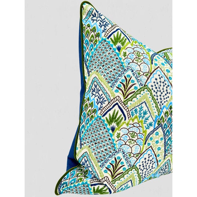 Textile Schumacher Albizia Embroidery Fabric / Blue & Green Pillow Pair For Sale - Image 7 of 11