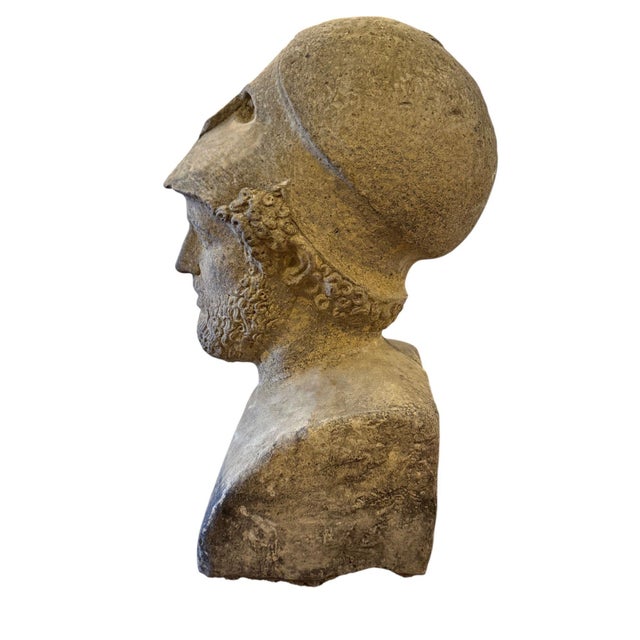 Gray Carved Stone Bust of Pericles With Corinthian Helmet. Italy, 20th Century. For Sale - Image 8 of 8