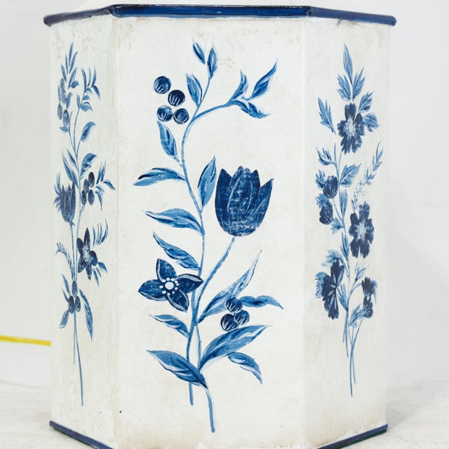 Early 21st Century Pair of Vintage Blue and White Hand-Painted Hexagon Tole Tea Caddy Table Lamps For Sale - Image 5 of 11