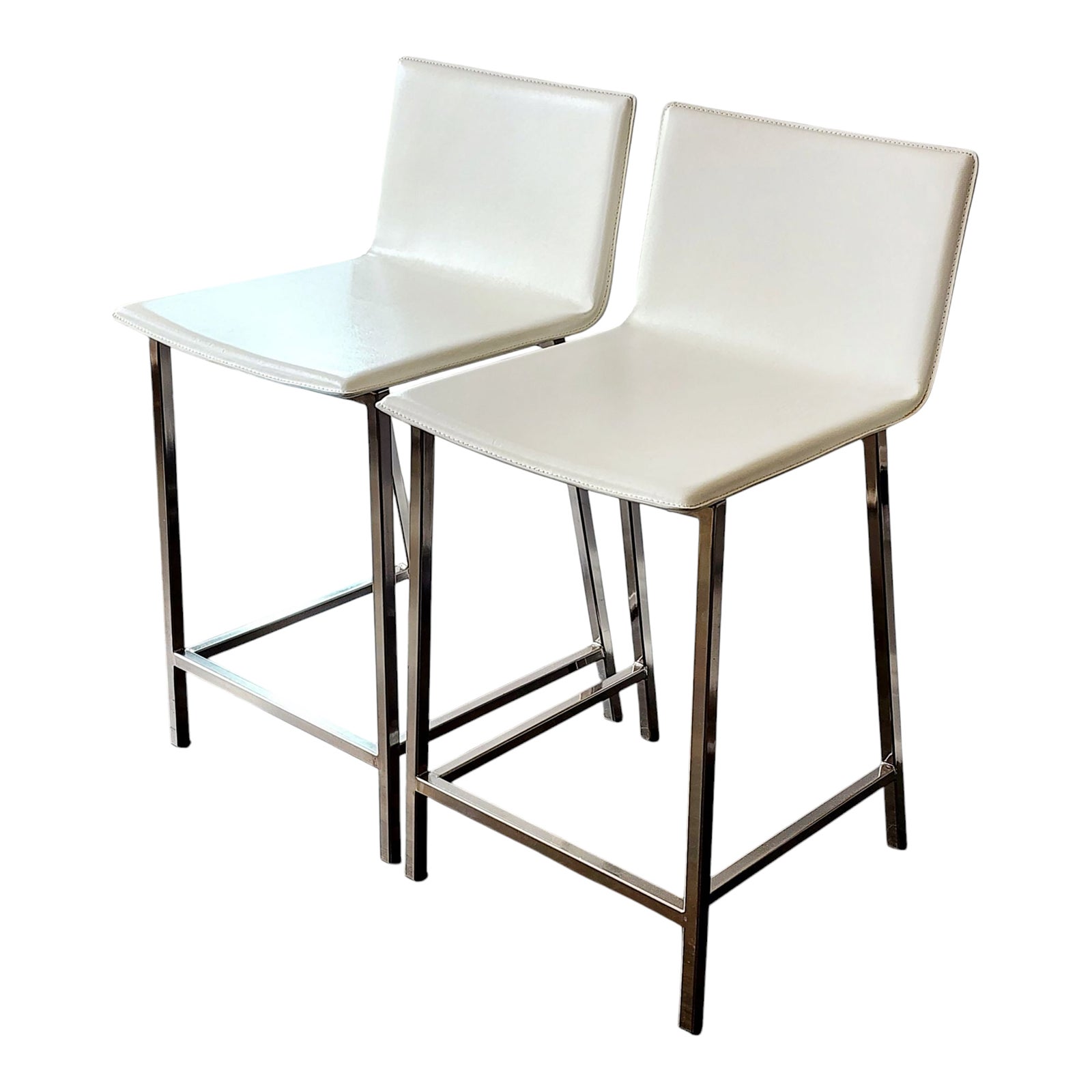 Cb2 Phoenix White Leather Chrome Counter Chair - A Pair | Chairish