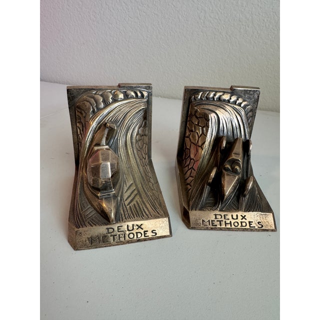 1930s 1930’s Deux Methodes Silver Plated Art Deco Book Ends For Sale - Image 5 of 9