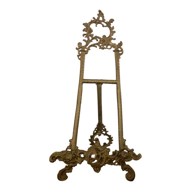 Vintage Solid Brass Ornate Gold Tabletop Easel Painting Picture Plate Holder For Sale
