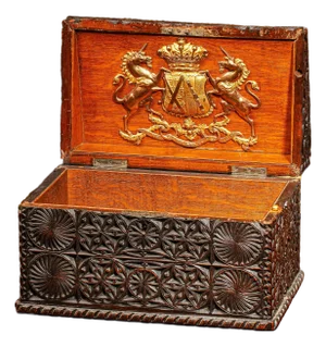 Museum Quality 18th Century Rare Antique Georgian English Wood Carved Stationery Desk Armorial Coat of Arms Box