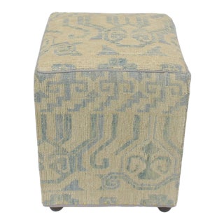 Vintage Distressed Stott Handmade Wool Rug Upholstered Ottoman For Sale