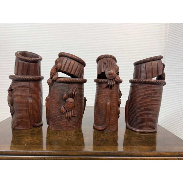 Late 20th Century Chinese Antique Bamboo Hand Carved Basket Crab Decorative Brush Pots, Set of 4 For Sale - Image 5 of 12