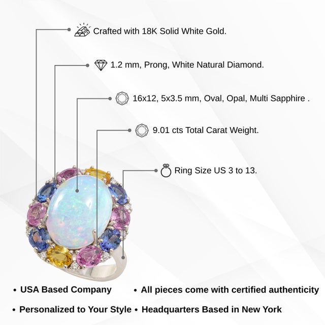 9.01ct Ethiopian Fire Opal, Multi-Sapphire and Diamond Antique 18k White Gold Ring Size 4 For Sale - Image 13 of 18