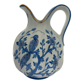 Rare Vintage Blue Gold Delvo Holland Delft Handpainted Water Pitcher Pottery Bird For Sale