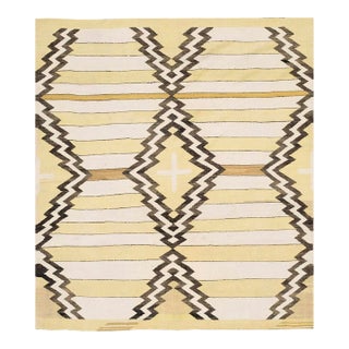 1930s Light Yellow Zig Zag Antique American Navajo Rug 4' 6" X 5' 6" Flatweave Wool Carpet For Sale