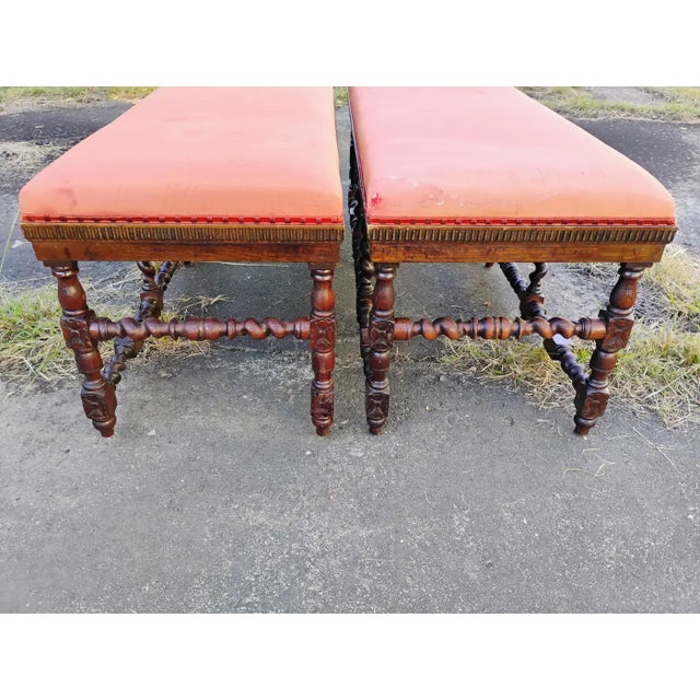French Barley Twist Oak Bench | Antique Upholstered Entryway Seating For Sale - Image 10 of 10
