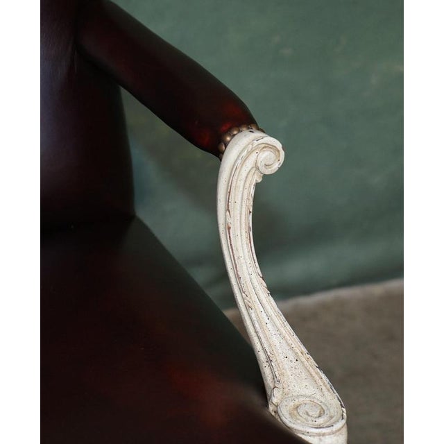 Vintage French Louis XV Style Oxblood Leather Armchair with Painted Frame For Sale - Image 14 of 18