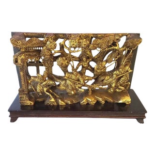 Antique Chinese Qing Dynasty Giltwood Carved Warrior Battle Scene on Stand For Sale