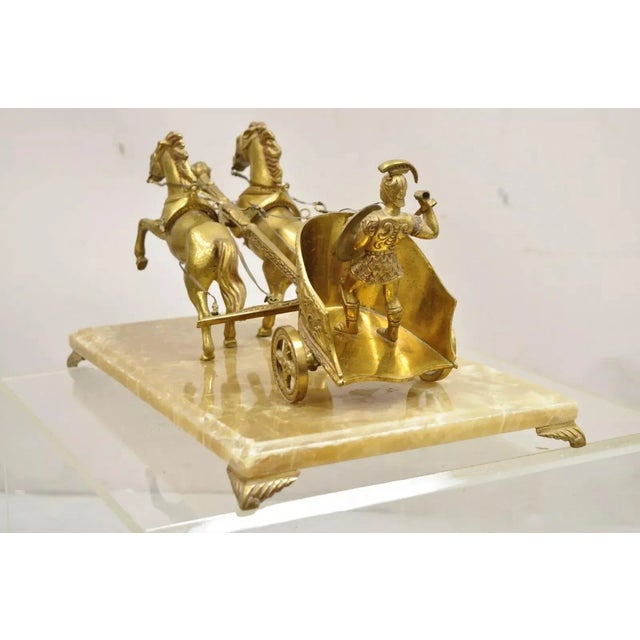 Gold Mid 20th Century Vintage Gold Gilt Metal Roman Horse Drawn Chariot Sculpture on Marble Base For Sale - Image 8 of 12