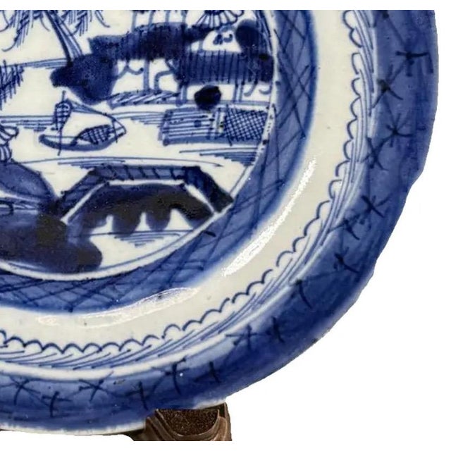 Antique 19th Century Chinese Canton Export Blue & White Porcelain Plate & Stand For Sale In Portland, OR - Image 6 of 10