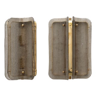 Curved Grey Ribbed Murano Glass and Brass Wall Sconces, 2000, Set of 2 For Sale