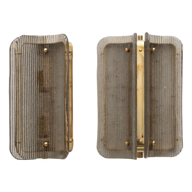 Curved Grey Ribbed Murano Glass and Brass Wall Sconces, 2000, Set of 2 For Sale