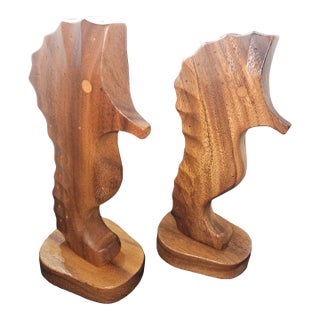 Vintage Pair of Two Monkey Pod Wood Seahorse Toothpicks Hors d'Oeuvres Appetizer Holders, Mid Century Modern For Sale