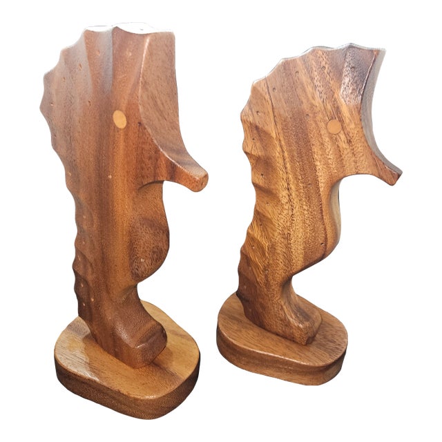 Vintage Pair of Two Monkey Pod Wood Seahorse Toothpicks Hors d'Oeuvres Appetizer Holders, Mid Century Modern For Sale