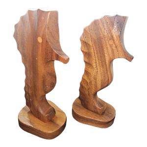 Vintage Pair of Two Monkey Pod Wood Seahorse Toothpicks Hors d'Oeuvres Appetizer Holders, Mid Century Modern