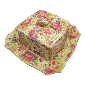 Vintage c.1934-1960"A"STAMP on Back Royal Winton Grimwades Square Cheese/Butter Dish With Domed Lid and Gold Trim