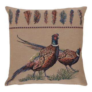 Pair of Pheasants Tapestry Cushion With Feather Filler - 46x46cm (18"x18") For Sale