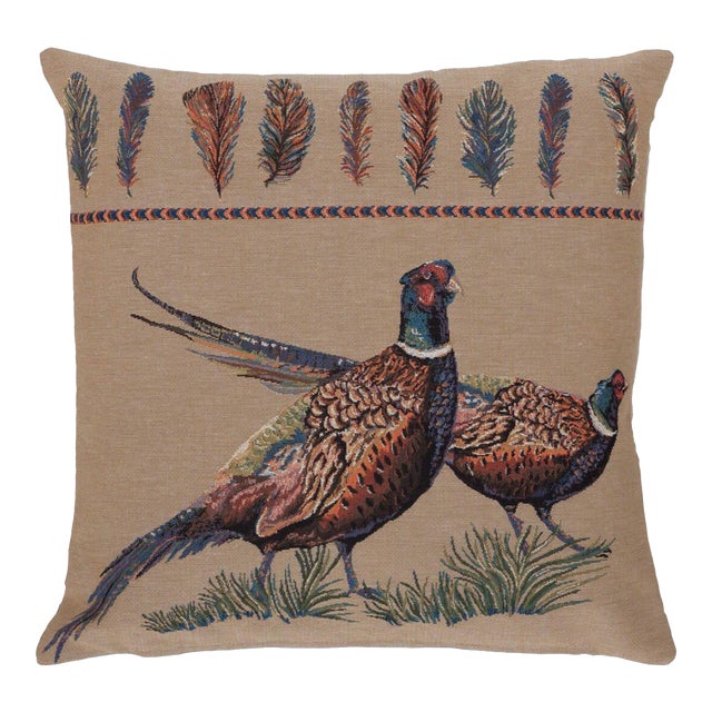 Pair of Pheasants Tapestry Cushion With Feather Filler - 46x46cm (18"x18") For Sale