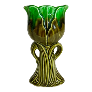 1930s Vintage Art Deco Hollywood Regency Majolica Tulip Vase, Trompe L’Oeil Style