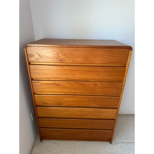 Classic Arne Wahl Iversen Highboy Danish Mid-Century Modern teak bedroom dresser cabinets with rounded corners; one...
