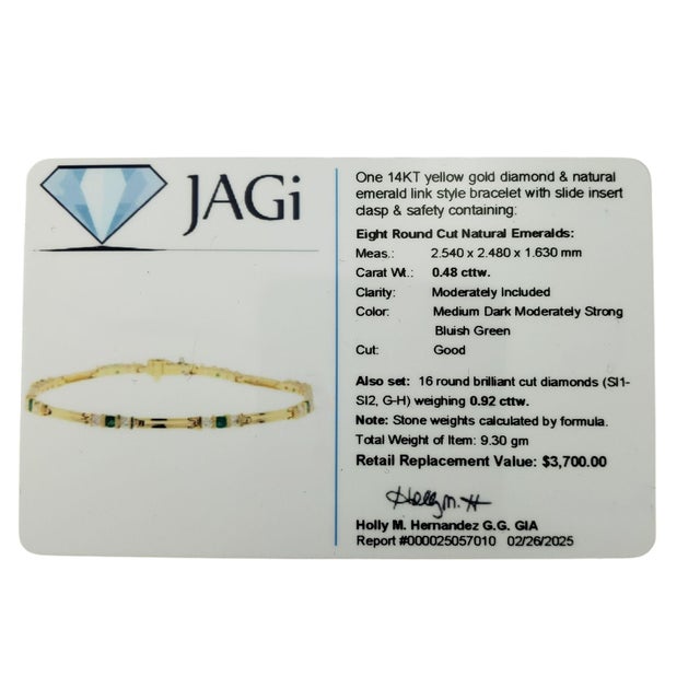 Late 20th Century 14k Yellow Gold Natural Emerald and Diamond Link Bracelet For Sale - Image 10 of 10