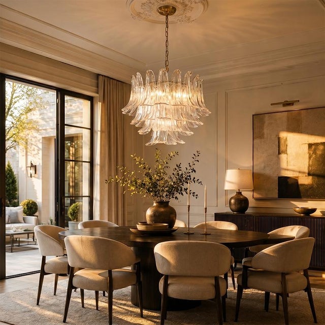 Aloadecor 24'' Wide Vintage Mid-Century Modern Chandelier 4-Light 4-Tier Clear Art Glass Pendant With Antique Bronze Finish For Sale In Houston - Image 6 of 7