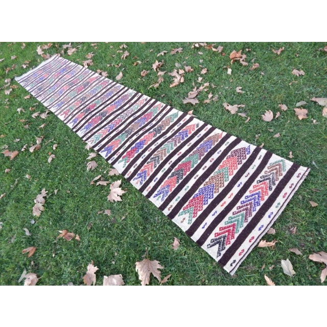 Striped Style Hand Woven Turkish Runner Pure Hemp Primitive Rug 2′ × 10′11″ For Sale - Image 9 of 13