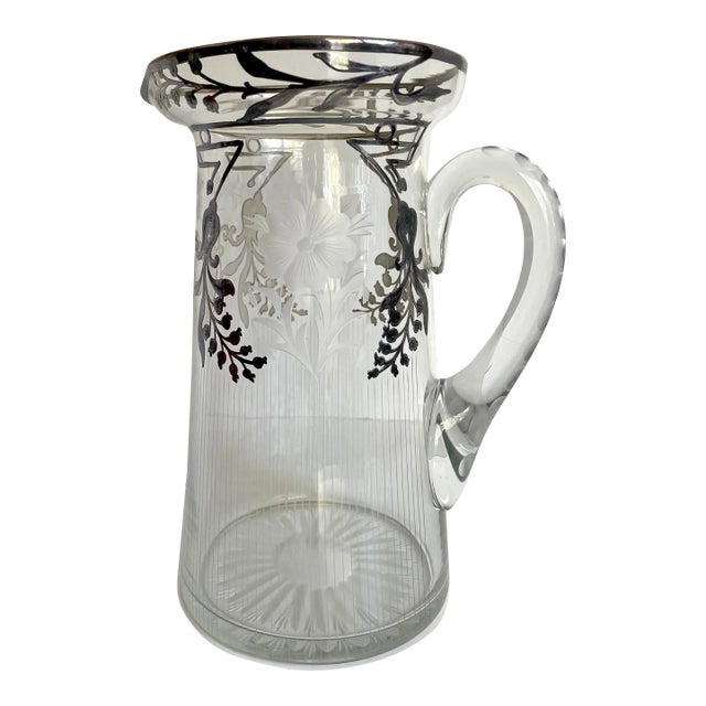 Art Deco Sterling Silver Inlay Etched Glass Pitcher For Sale