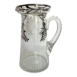 Art Deco Sterling Silver Inlay Etched Glass Pitcher
