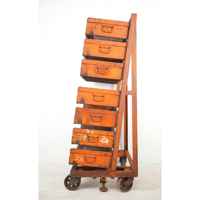 Metal Mid 20th Century Industrial Seven Tray Orange Steel Rolling Cart For Sale - Image 7 of 9