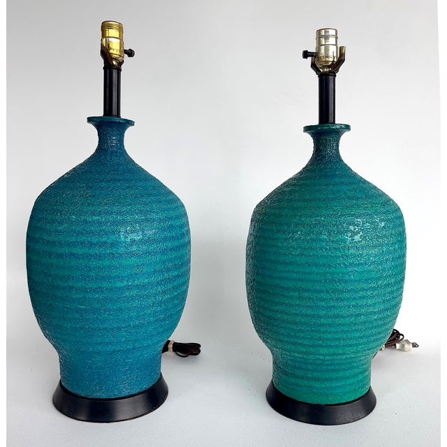 Mid 20th Century Mid-Century Modern Textured Glazed Pottery Table Lamps, Pair, Bitossi Style For Sale In Miami - Image 6 of 7