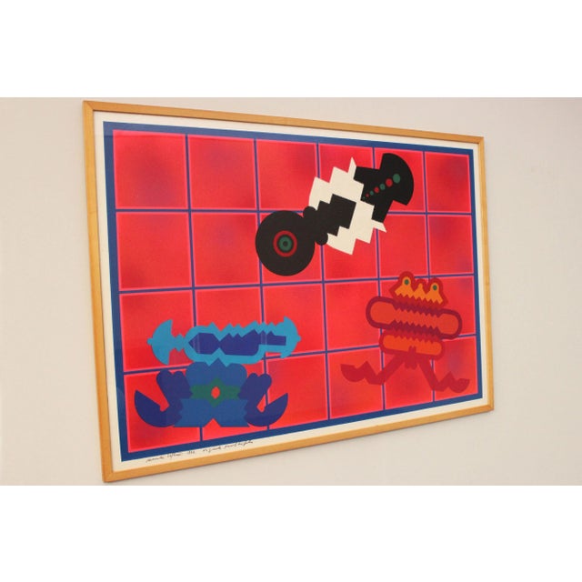 Multiple Original, useless machine, anthropomorphic and UFO element in space, material supply felt. Frame maple, signed,...