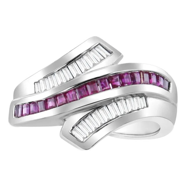 Ruby Diamond Baguette Bypass Cocktail Ring, Size 9 For Sale