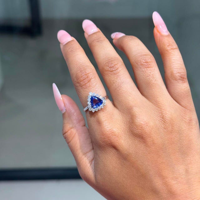 Not Yet Made - Made To Order Victorian 1.38ct Trillion-Cut Tanzanite & Diamond Halo Ring 18k White Gold Size 5 For Sale - Image 5 of 16