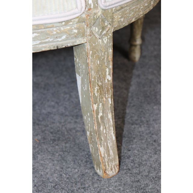 Pair 18th Century French Louis XVI Distressed Painted Bergères For Sale - Image 16 of 17