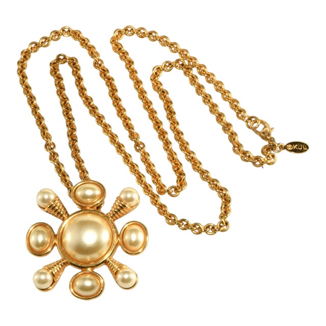 1990s Kenneth Jay Lane Necklace Brooch Combo Gold-Plated W/ Faux Pearls For Sale