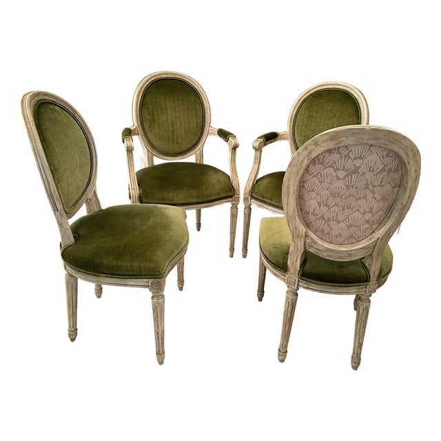 Set of Four Baker Louis XVI Painted Salon Chairs in Scalamandré Upcountry Velvet For Sale