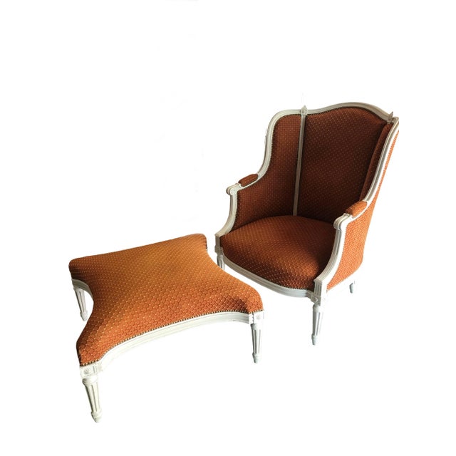 French antique bergere chair and ottoman in the Louis XVI style. Ottoman 30" Wide x 30" Deep x 17" High