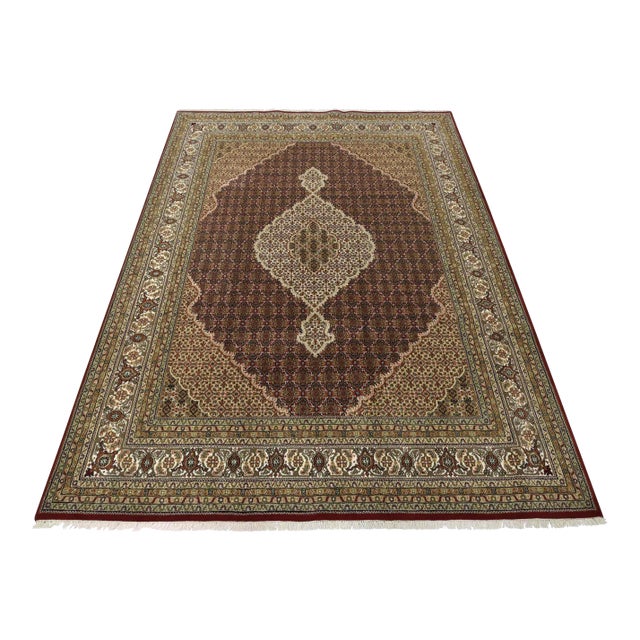 Tabriz Mahi Rug 7’10” X 10’4” Red Wool Traditional Hand-Knotted Carpet For Sale