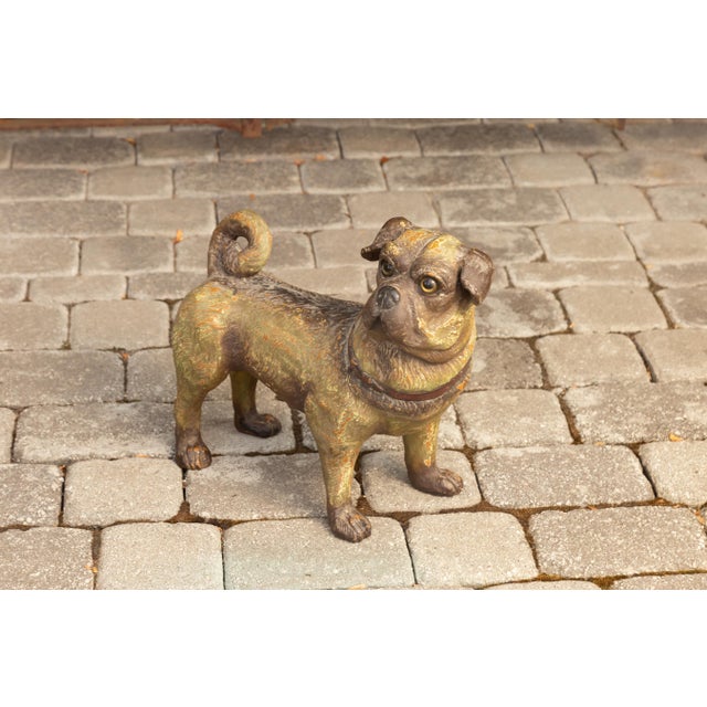 Tan Vintage English Standing Pug Composition Sculpture with Glass Eyes and Collar For Sale - Image 8 of 12