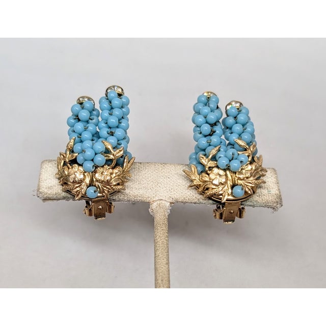 Mid-Century Modern Vintage 1950s Signed Hattie Carnegie Goldtone Faux-Turquoise Beaded Clip Earrings-2 Pieces For Sale - Image 3 of 7