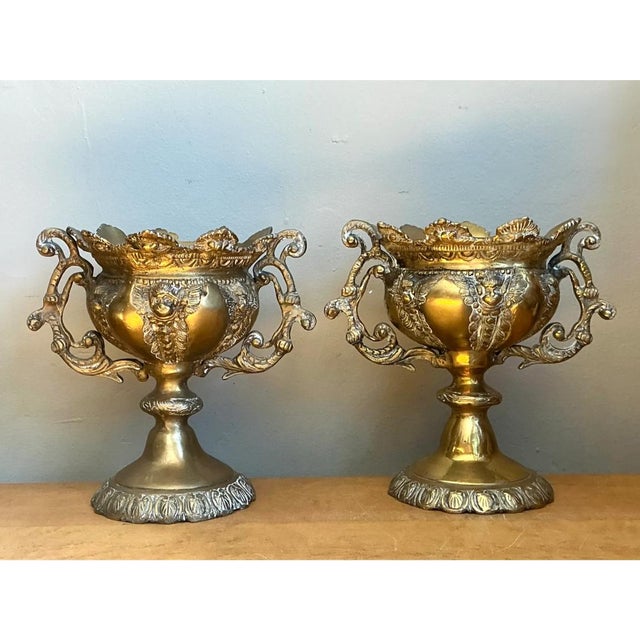 Vintage Brass Cherub Urns - A Pair | Chairish