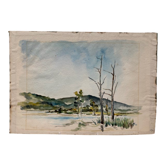 Henry Emil Salloch Original Watercolor on Paper of Serene Wetlands, 1940. For Sale