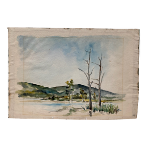 Henry Emil Salloch Original Watercolor on Paper of Serene Wetlands, 1940.