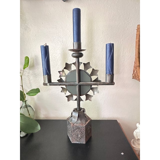 Mexican Mid-Century Mexican Tin Candelabra With Sunburst Mirror & Embossed Details For Sale - Image 3 of 12